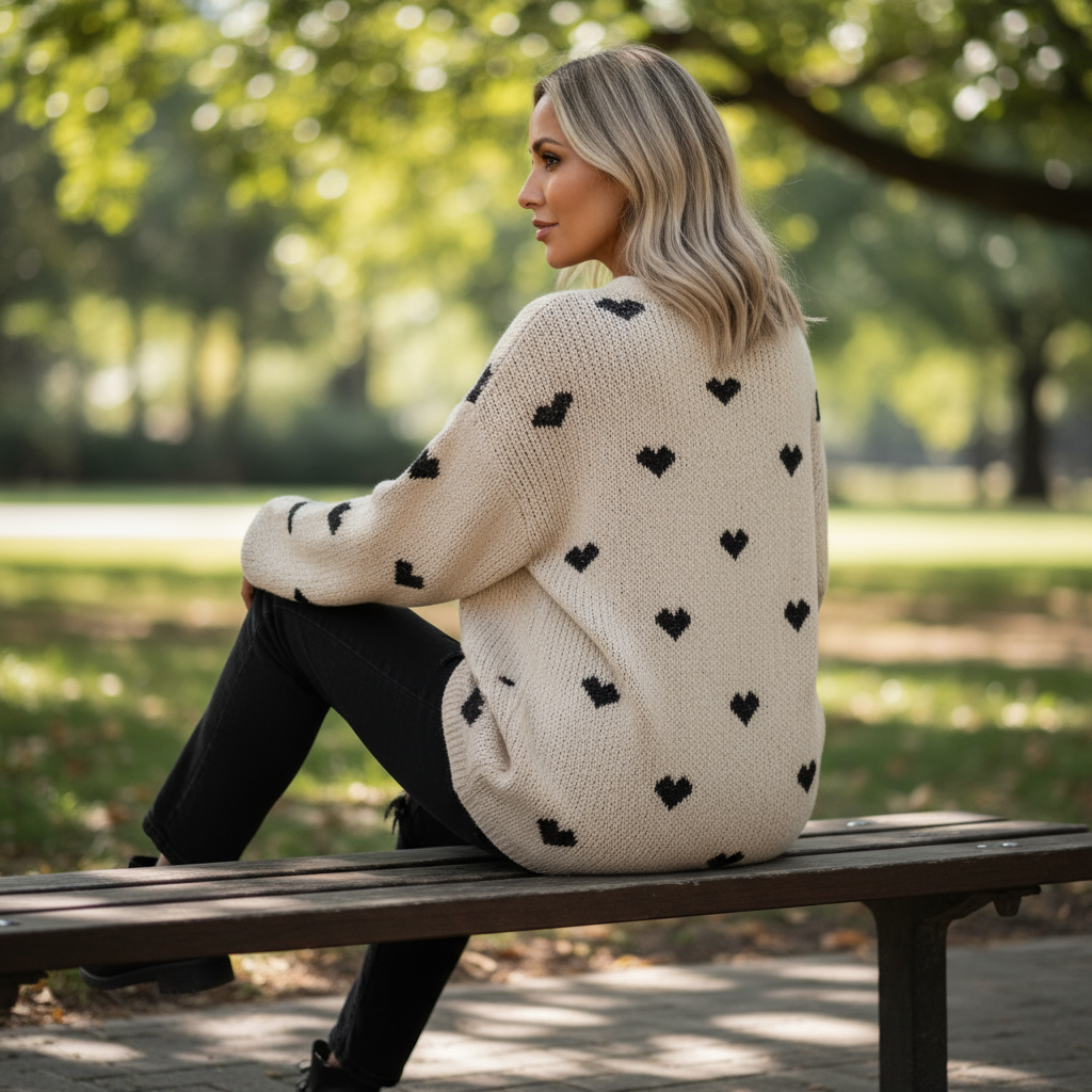 Woman sitting on a bench wearing a cream sweater with black heart patterns in a park.