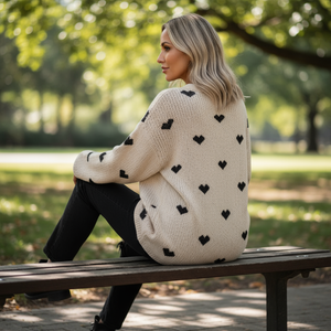 Woman sitting on a bench wearing a cream sweater with black heart patterns in a park.