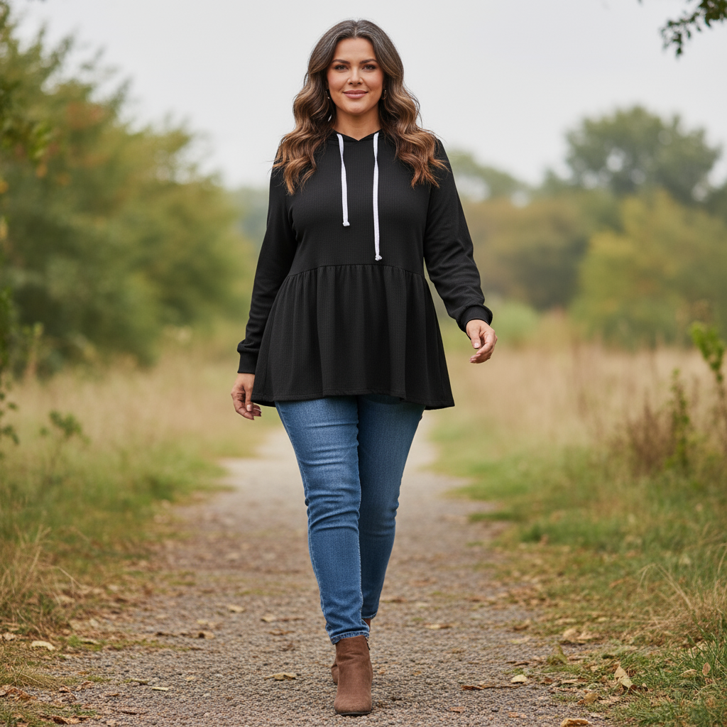 Woman wearing a black hoodie and blue jeans walking on a nature trail.