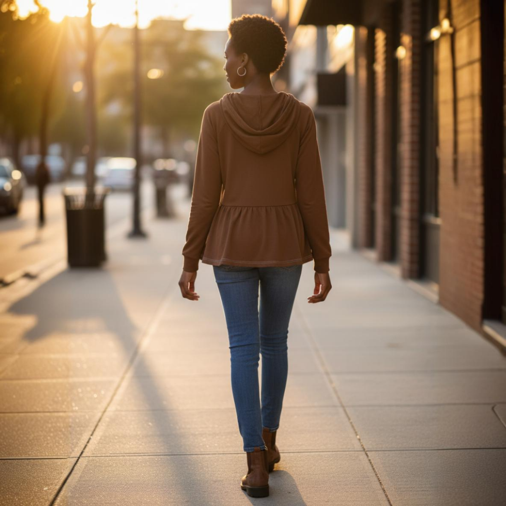 Woman walking on a sidewalk during sunset