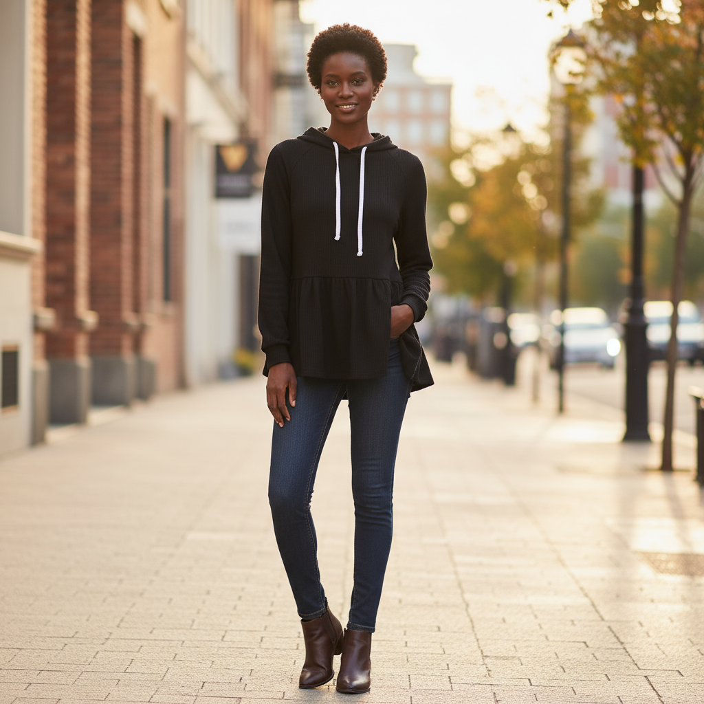 Woman wearing a black hoodie and blue jeans standing on a city street at sunset.