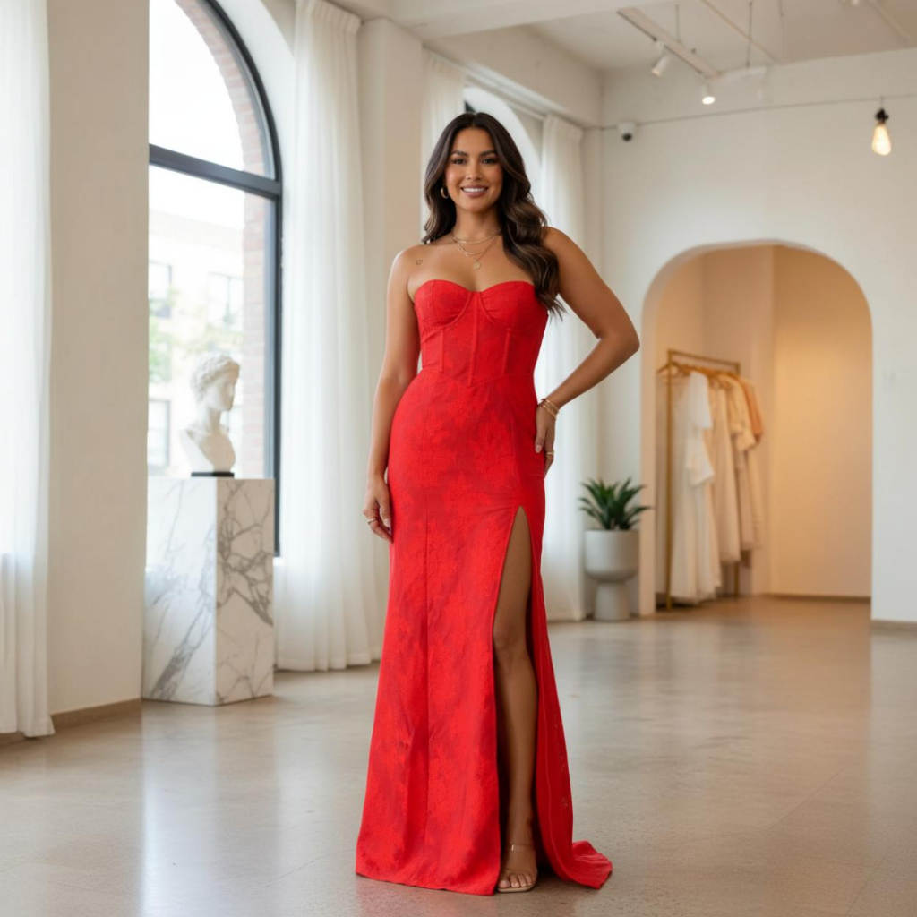 Woman in a red dress standing in a well-lit room with large windows.