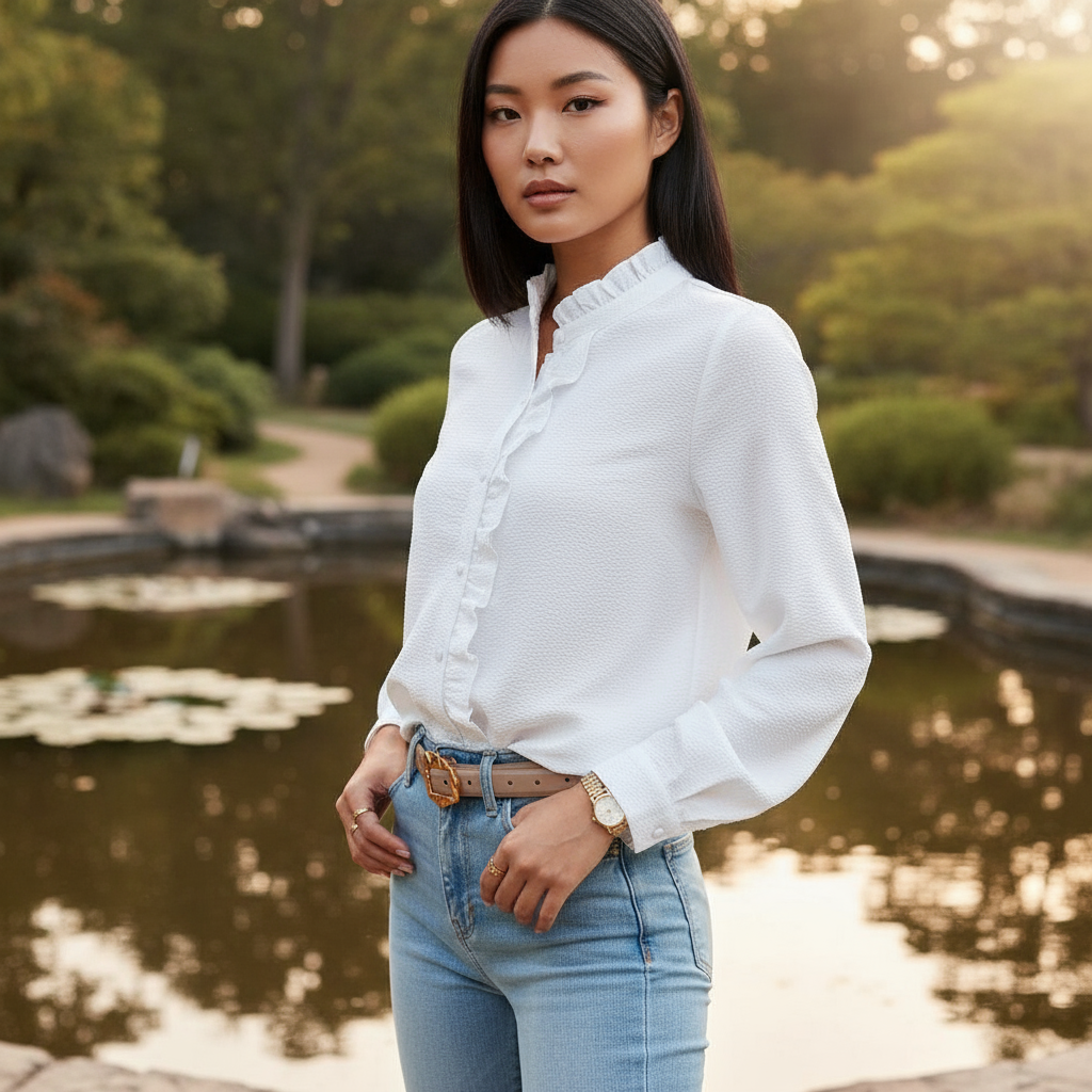 Woman wearing a white blouse and blue jeans standing by a pond with greenery in the background