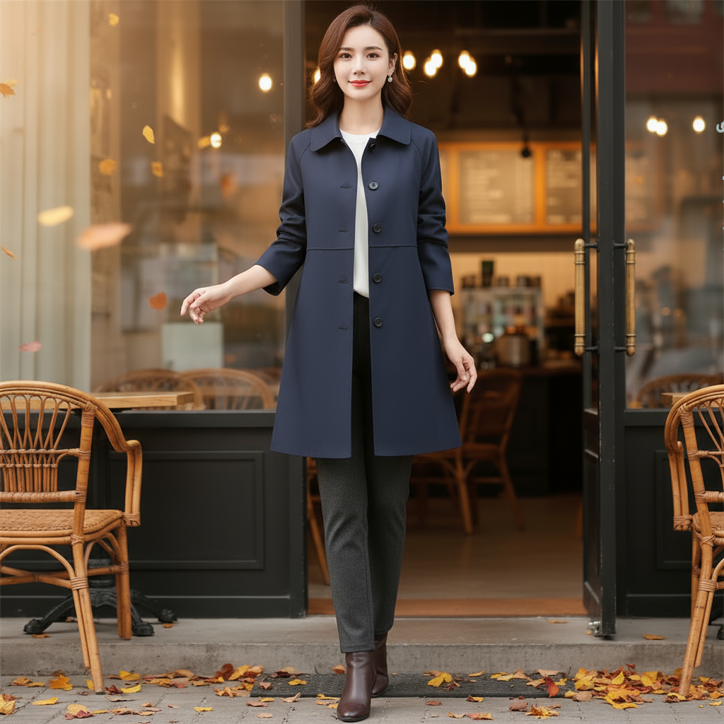 Woman wearing a navy blue coat standing outside a café with autumn leaves on the ground.