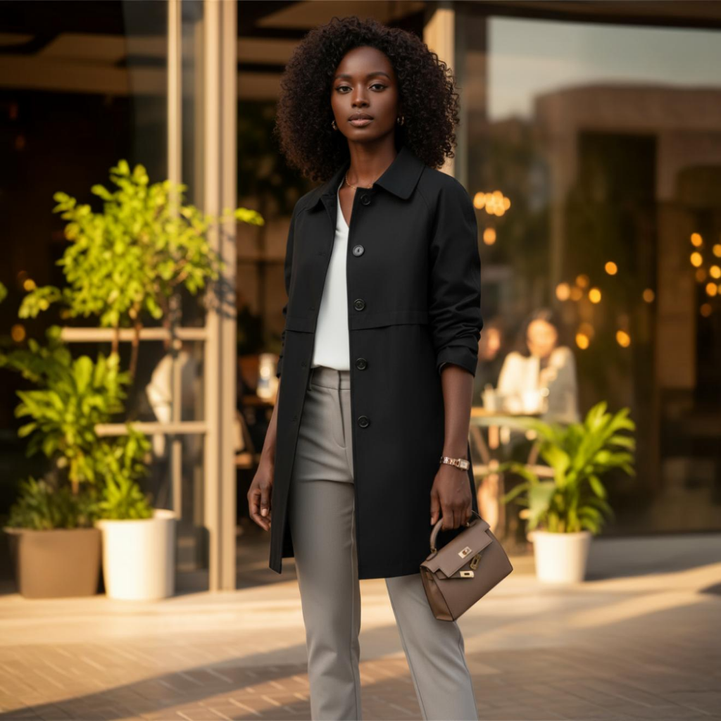 Woman in a black coat and gray pants standing outdoors with blurred background
