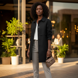 Woman in a black coat and gray pants standing outdoors with blurred background