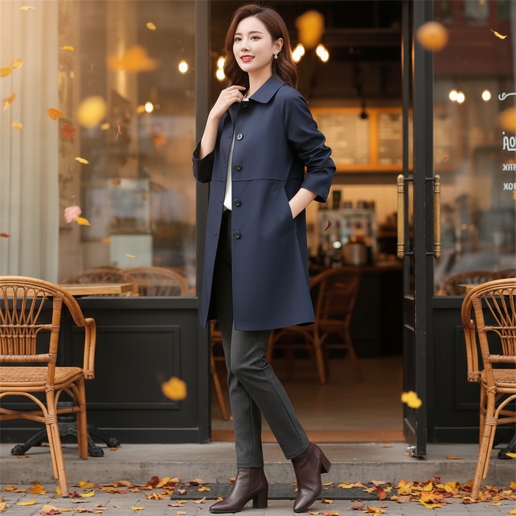 Woman in a long dark blue coat standing outside a café with autumn leaves on the ground.