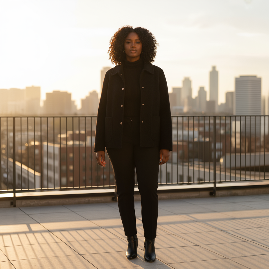Person wearing a black coat and pants on a rooftop with a city skyline in the background