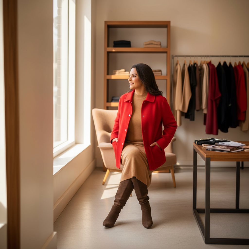 Woman in a red coat standing in a room with clothing and a window.