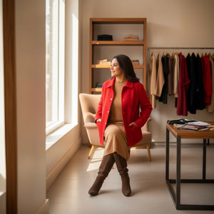 Woman in a red coat standing in a room with clothing and a window.