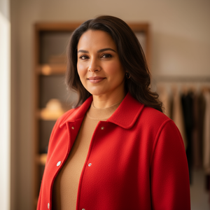 Woman wearing a red coat in an indoor setting