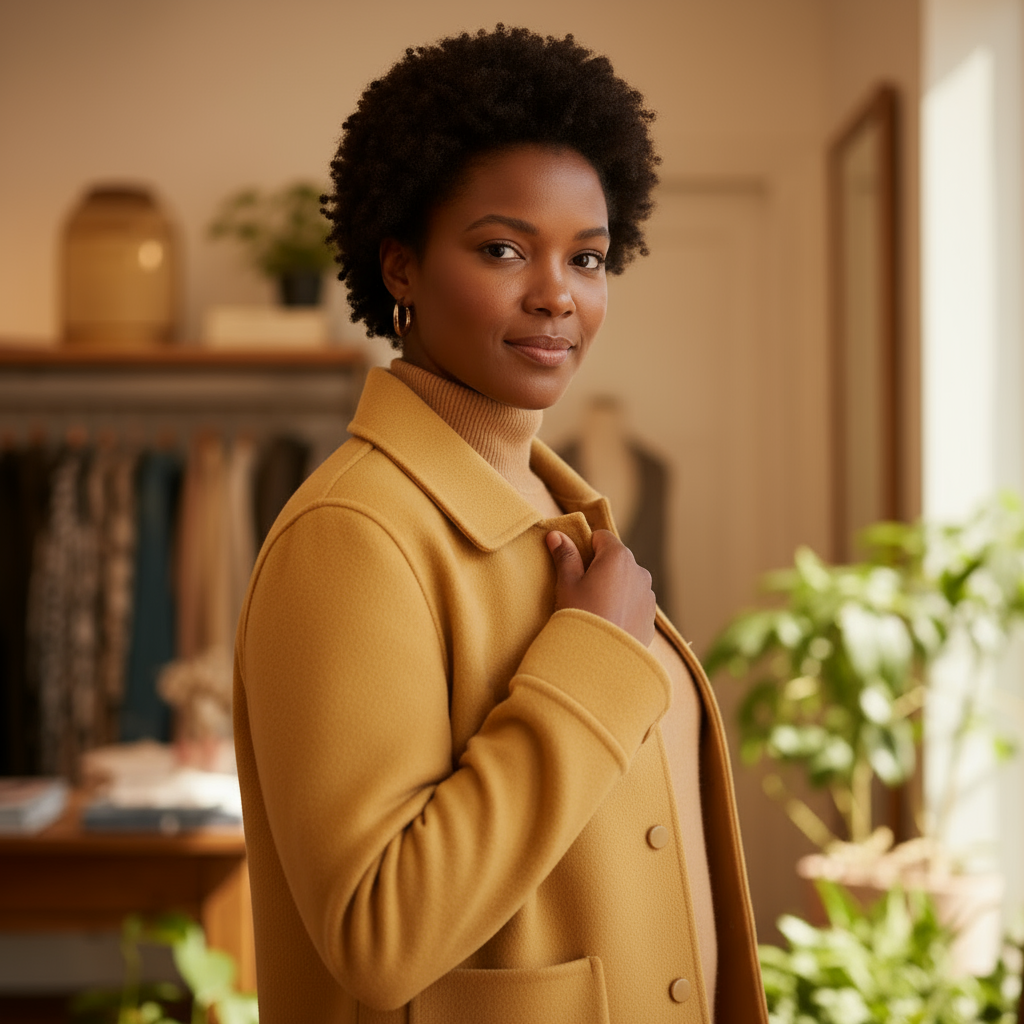 Woman wearing a yellow coat in an indoor setting with plants and furniture.