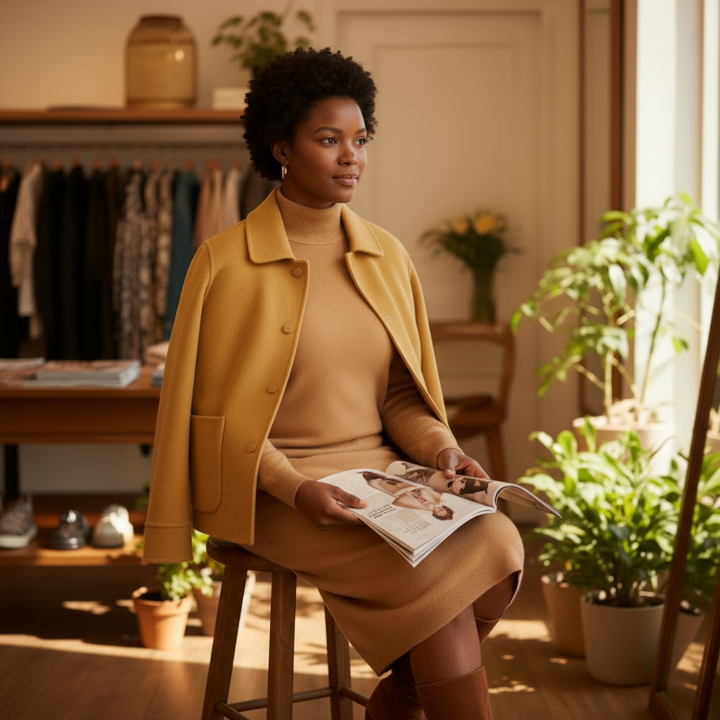 Woman in a mustard yellow coat sitting on a stool holding a magazine in a cozy room with plants and clothing.