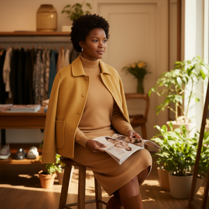 Woman in a mustard yellow coat sitting on a stool holding a magazine in a cozy room with plants and clothing.