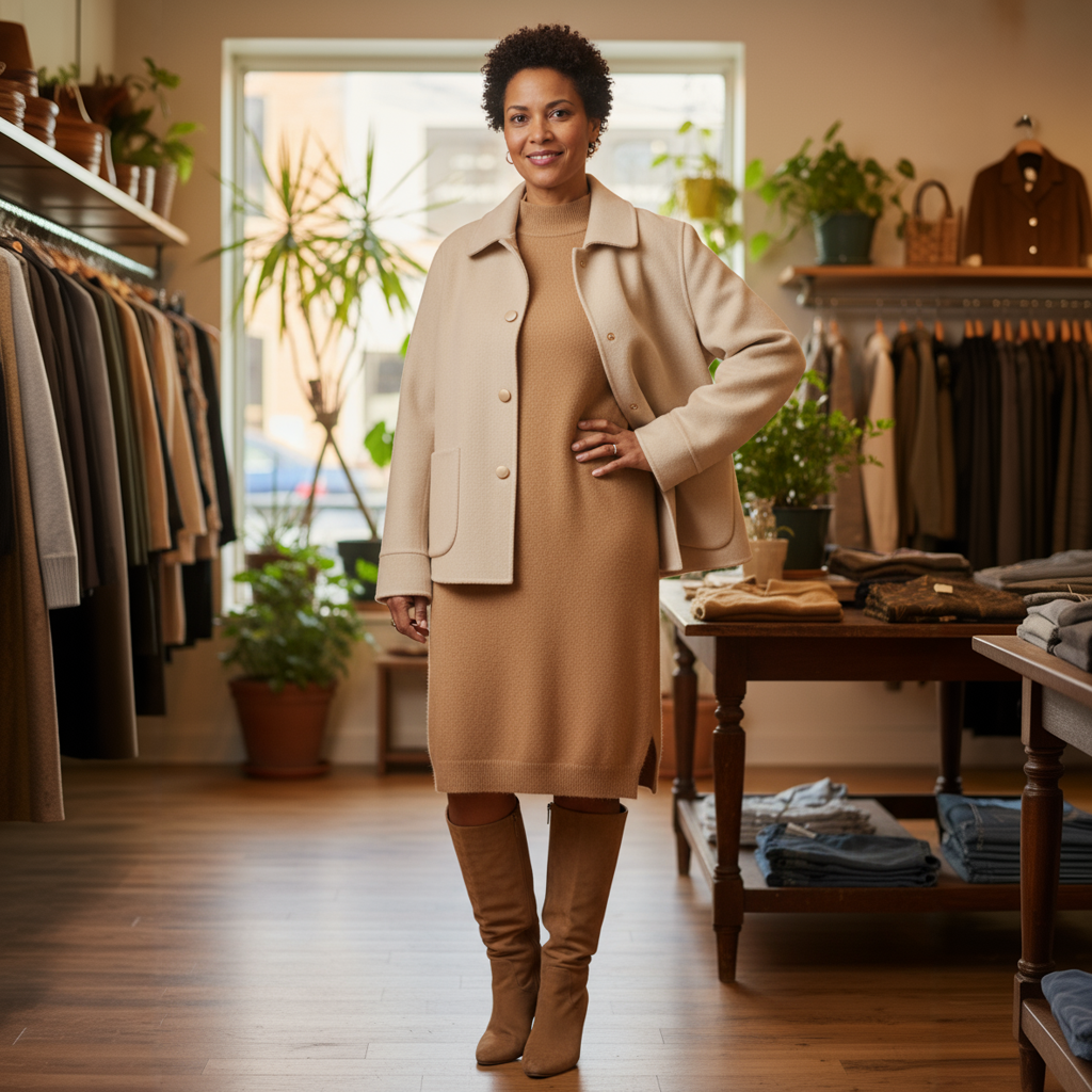 Woman in a beige coat and dress standing in a clothing store.
