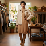 Woman in a beige coat and dress standing in a clothing store.