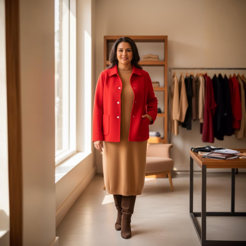 Woman in a red coat standing in a clothing store with racks of clothes in the background.