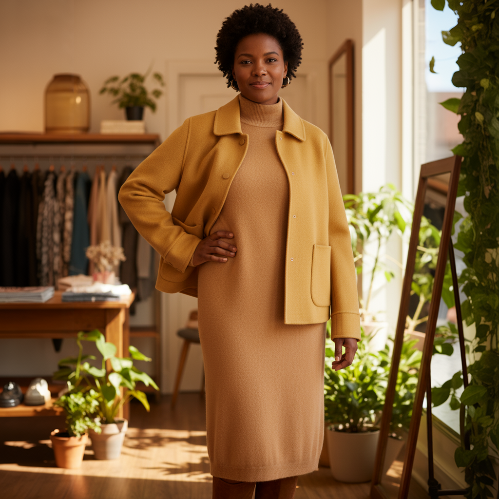 Woman in a mustard jacket and beige dress standing in a sunlit room with plants.