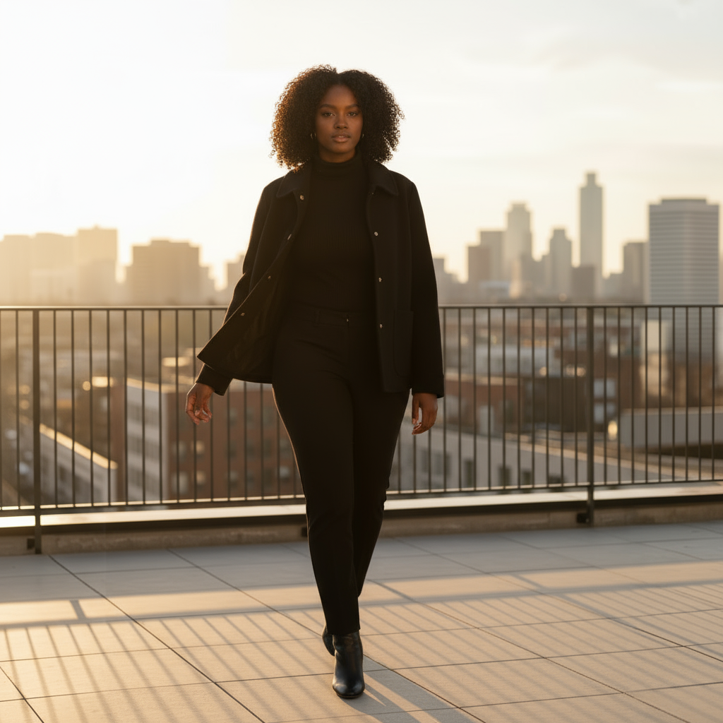 Woman in a black outfit standing on a rooftop with a city skyline in the background