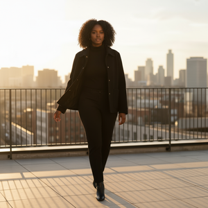 Woman in a black outfit standing on a rooftop with a city skyline in the background