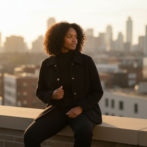 Woman in a black coat sitting on a rooftop with a cityscape in the background