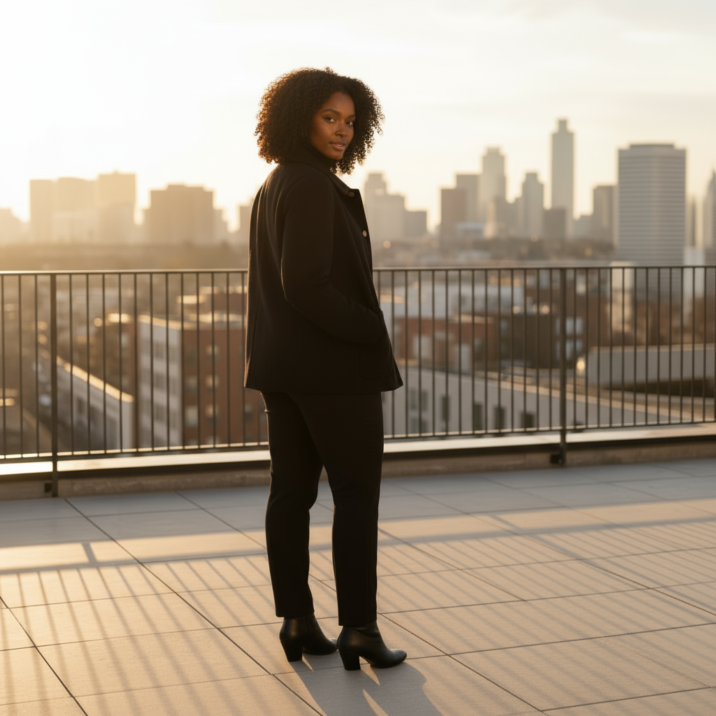 Woman in a black suit standing on a rooftop with a city skyline in the background