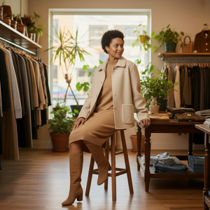 Woman in a beige coat and boots sitting on a stool in a clothing store.