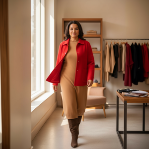 Woman wearing a red coat over a beige dress in a room with clothing racks and a table.