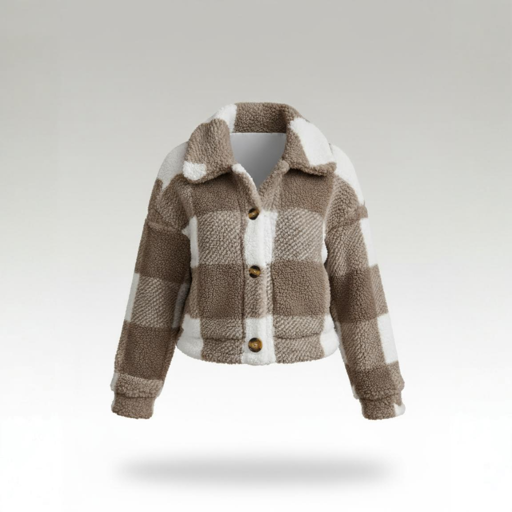 Plaid patterned jacket with brown and white colors on a light gray background