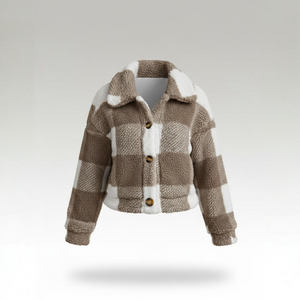 Plaid patterned jacket with brown and white colors on a light gray background