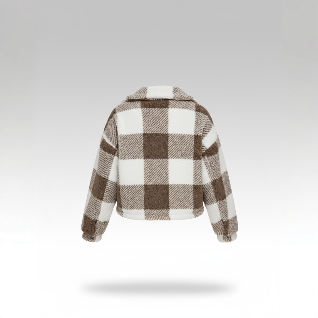 Plaid jacket with brown and white pattern on a light gray background