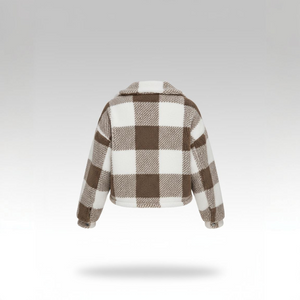 Plaid jacket with brown and white pattern on a light gray background