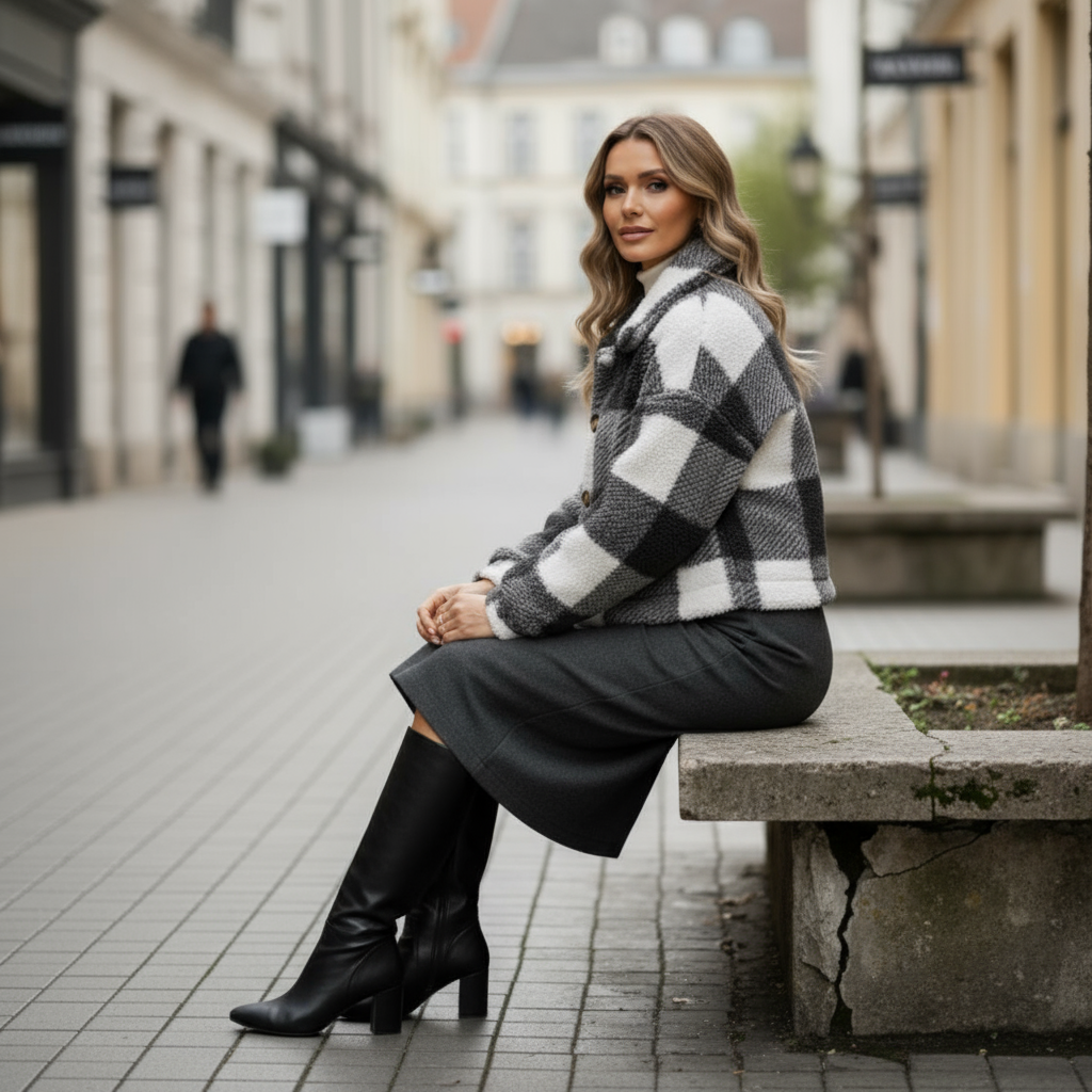 Woman sitting on a bench wearing a checkered coat and black boots in an urban setting.