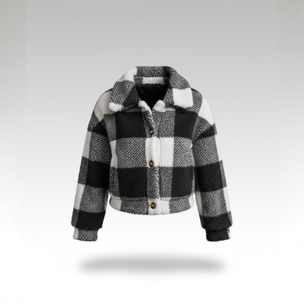Black and white checkered jacket with a gray hood on a light gray background