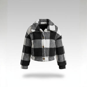Black and white checkered jacket with a gray hood on a light gray background