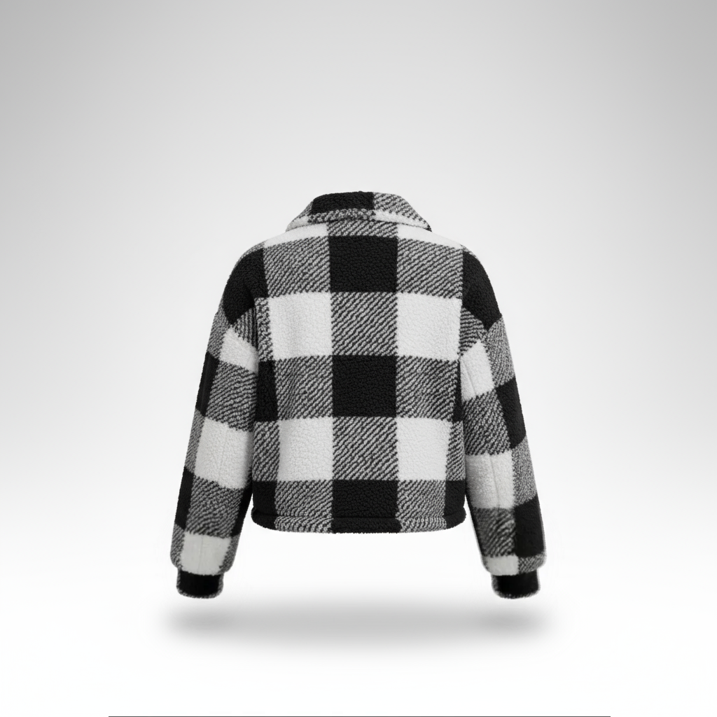 Black and white checkered jacket on a light gray background