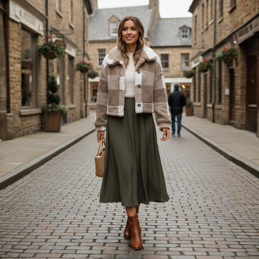 Woman in a plaid jacket and green skirt standing on a cobbled street.