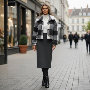 Woman wearing a plaid jacket, white turtleneck, black skirt, and black boots on a city street.