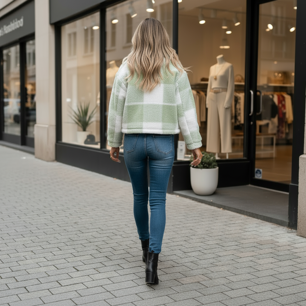 Woman walking on a sidewalk in front of a store with mannequins inside