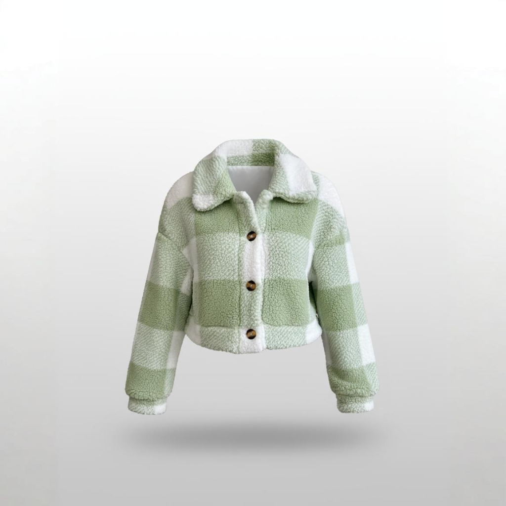 Green and white checkered jacket with brown buttons on a light gray background