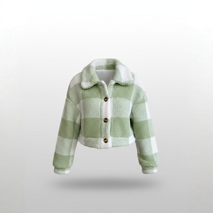 Green and white checkered jacket with brown buttons on a light gray background