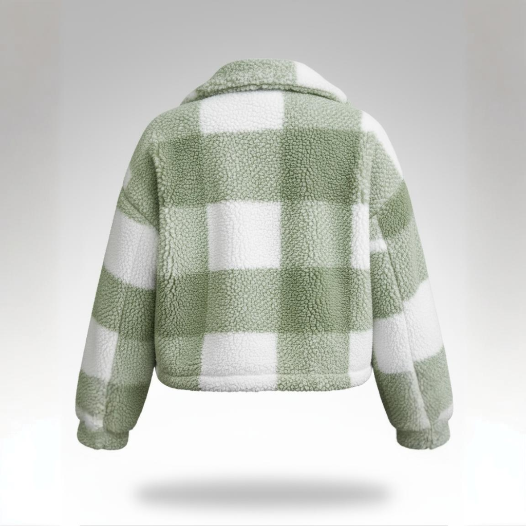 Green and white checkered fleece jacket on a gray background