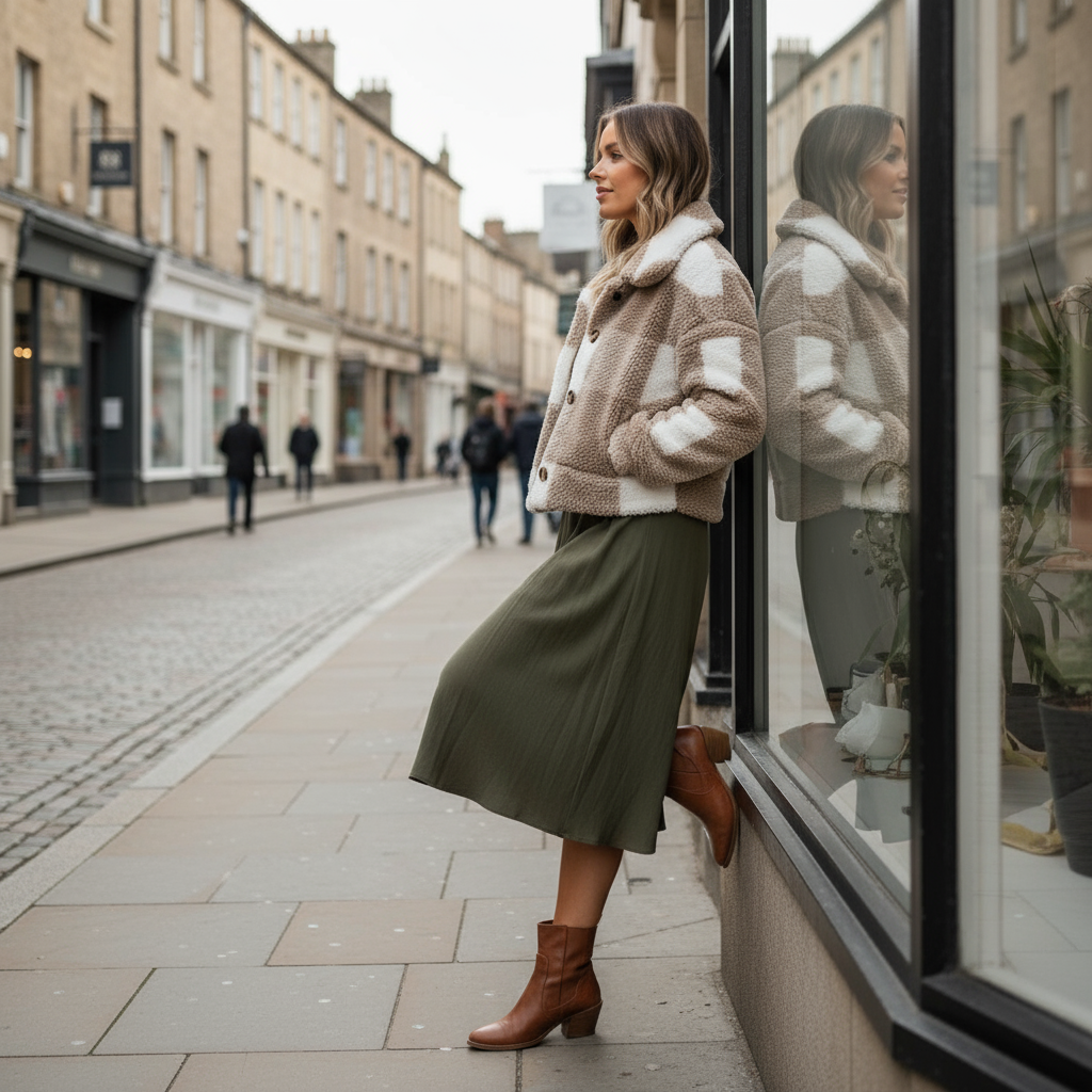 Woman in a plaid coat standing on a city street, looking into a store window.