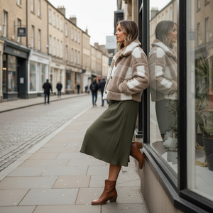 Woman in a plaid coat standing on a city street, looking into a store window.