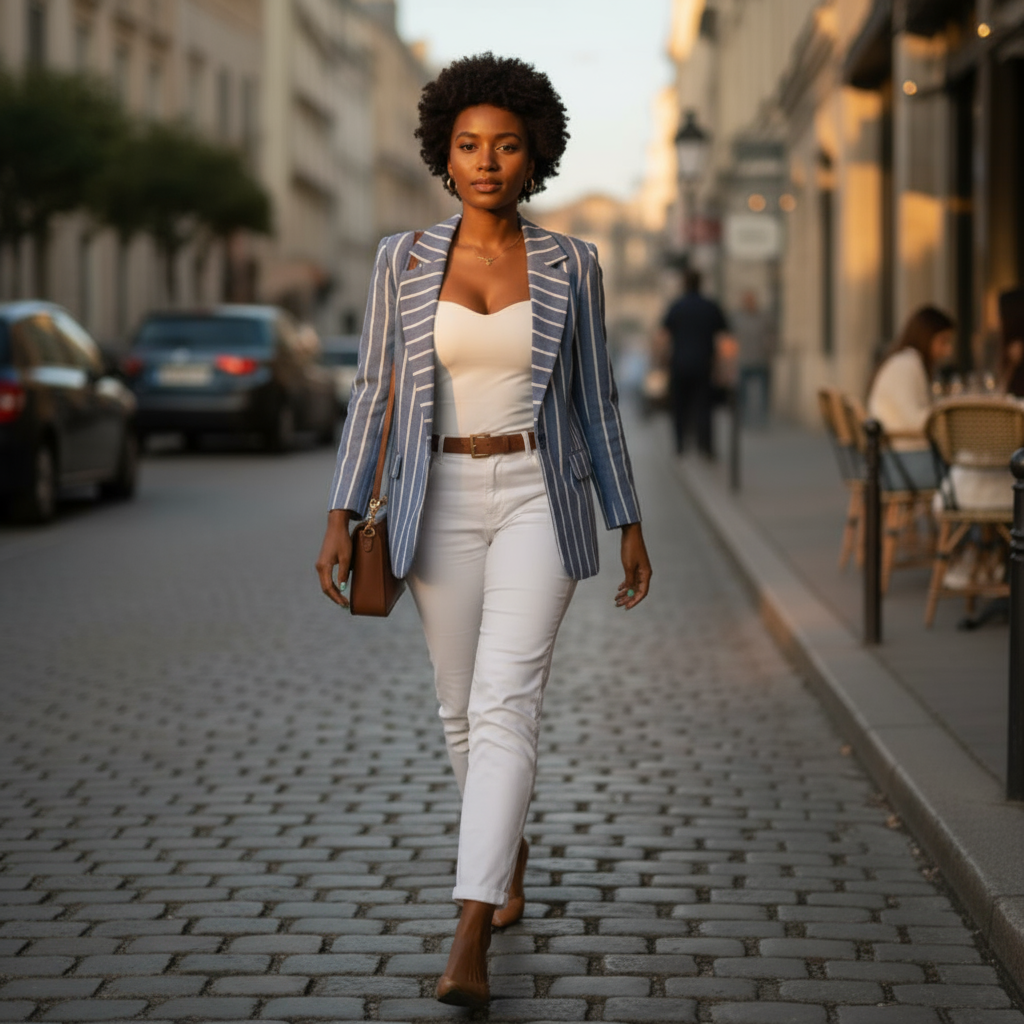 Woman walking on a city street wearing a striped blazer and white pants.