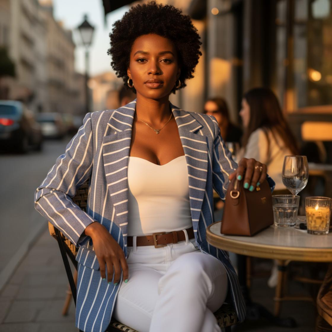 Woman sitting at an outdoor cafe table in an urban setting