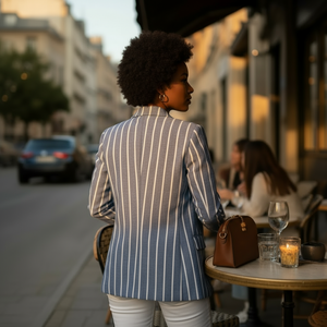 Woman in a striped blazer standing on a city street with a blurred cafe in the background