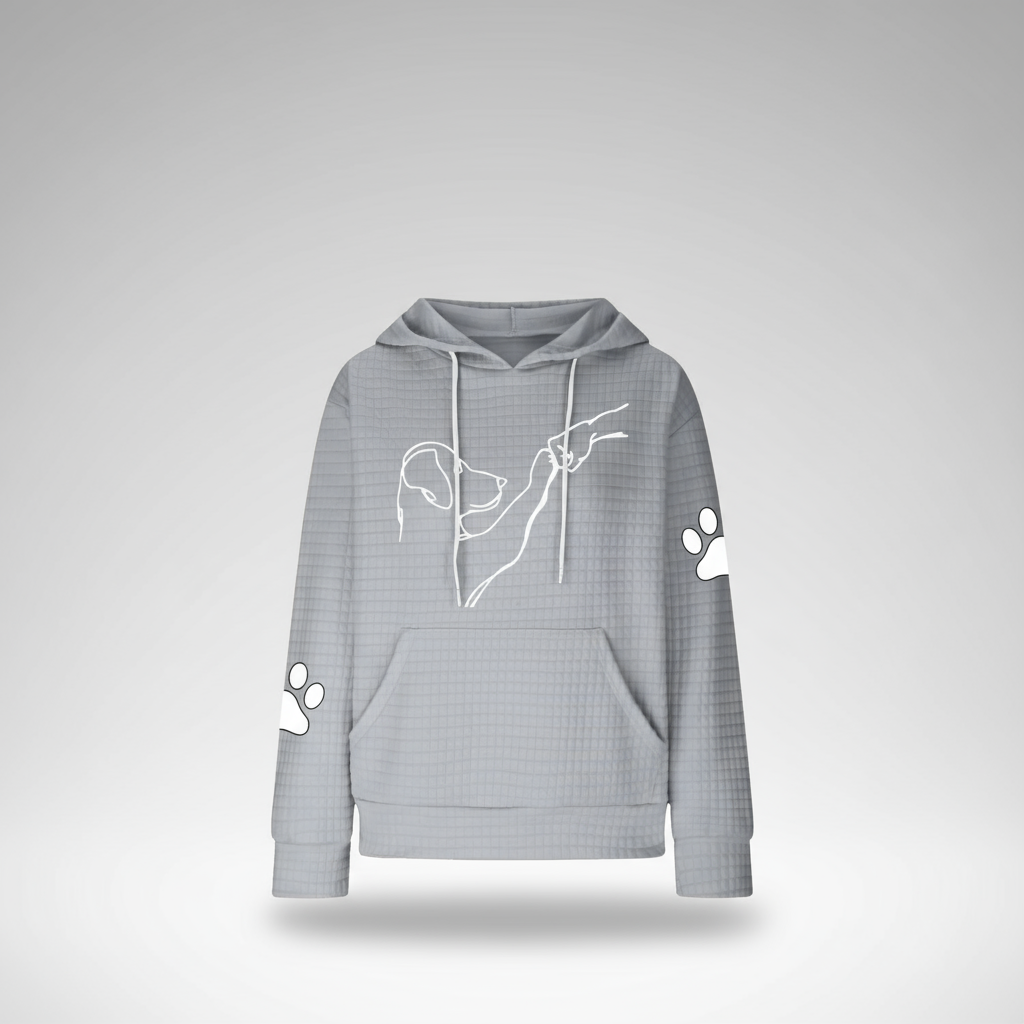 Gray hoodie with white paw print designs on a light gray background