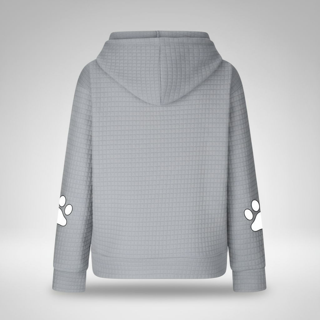Gray textured hoodie with paw prints on sleeves against a light gray background