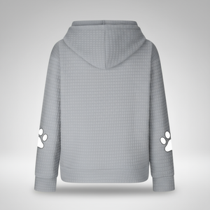 Gray textured hoodie with paw prints on sleeves against a light gray background
